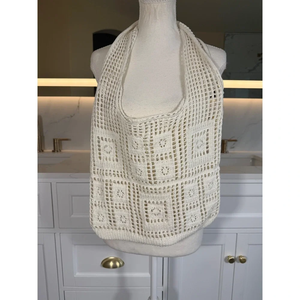 Crochet‎ Mesh Tote Bag Women OS Ivory Open Knit Boho Shoulder Market Beach Bag